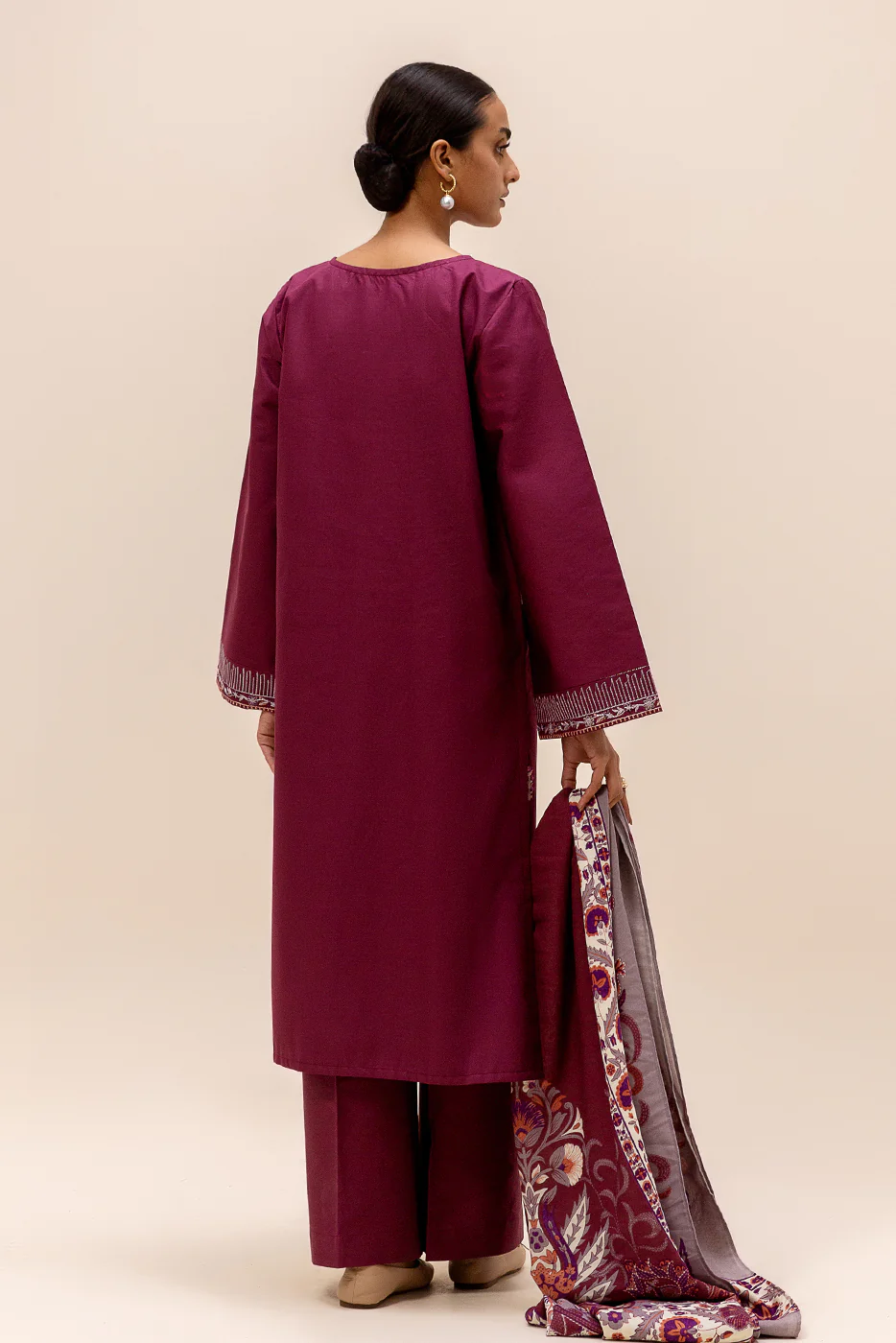 3 PIECE EMBROIDERED SATIN SUIT-SANGRIA SHADE (UNSTITCHED) - Image 4