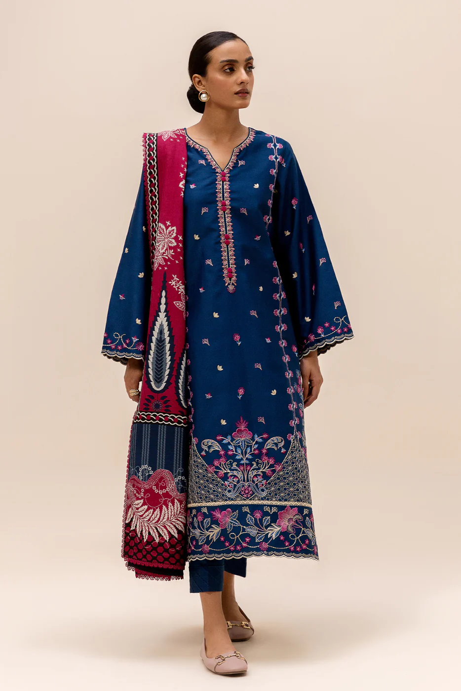 3 PIECE EMBROIDERED SATIN SUIT-AEGEAN BLOOM (UNSTITCHED) - Image 2