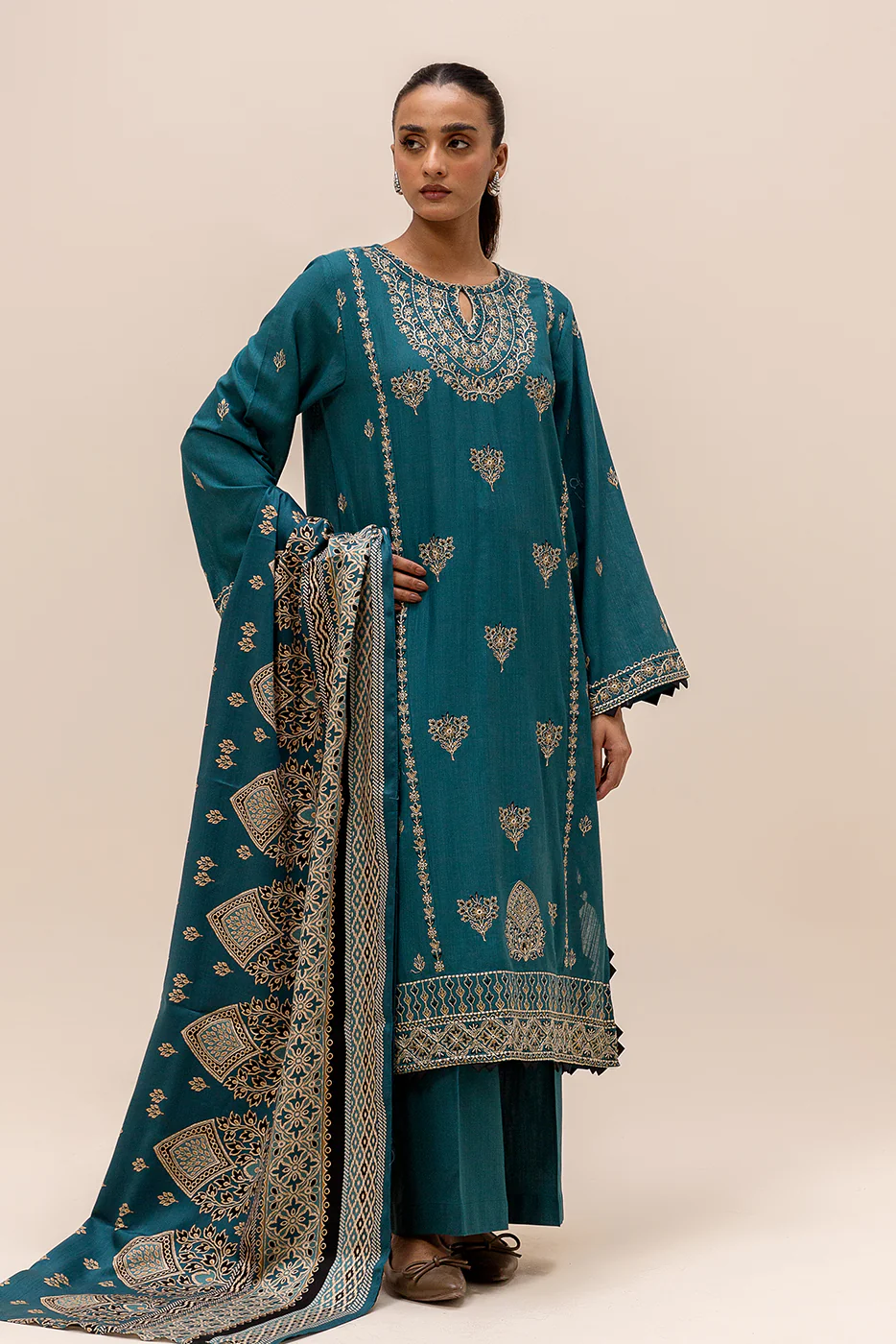 3 PIECE EMBROIDERED KHADDAR SUIT-TEAL SKY (UNSTITCHED) - Image 3