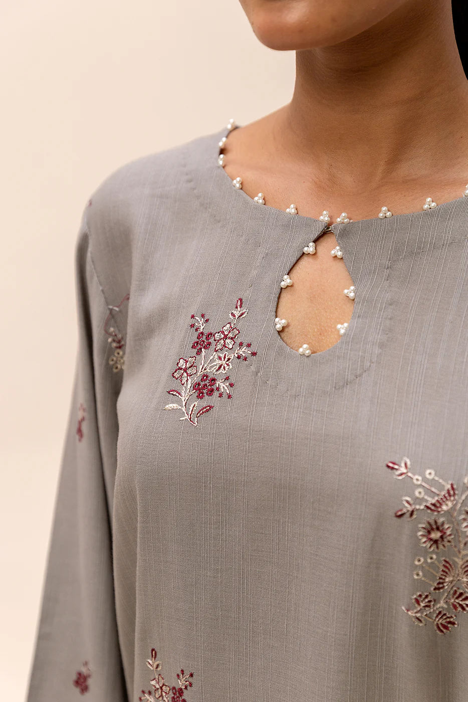 3 PIECE EMBROIDERED KHADDAR SUIT-FOSSIL DEW (UNSTITCHED) - Image 5