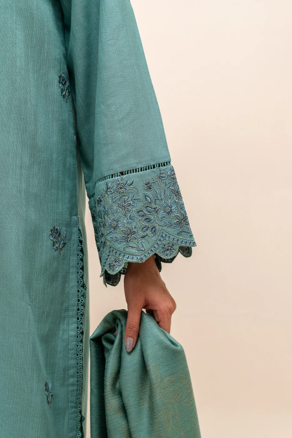 3 PIECE EMBROIDERED KHADDAR SUIT-STONE GREY (UNSTITCHED) - Image 6