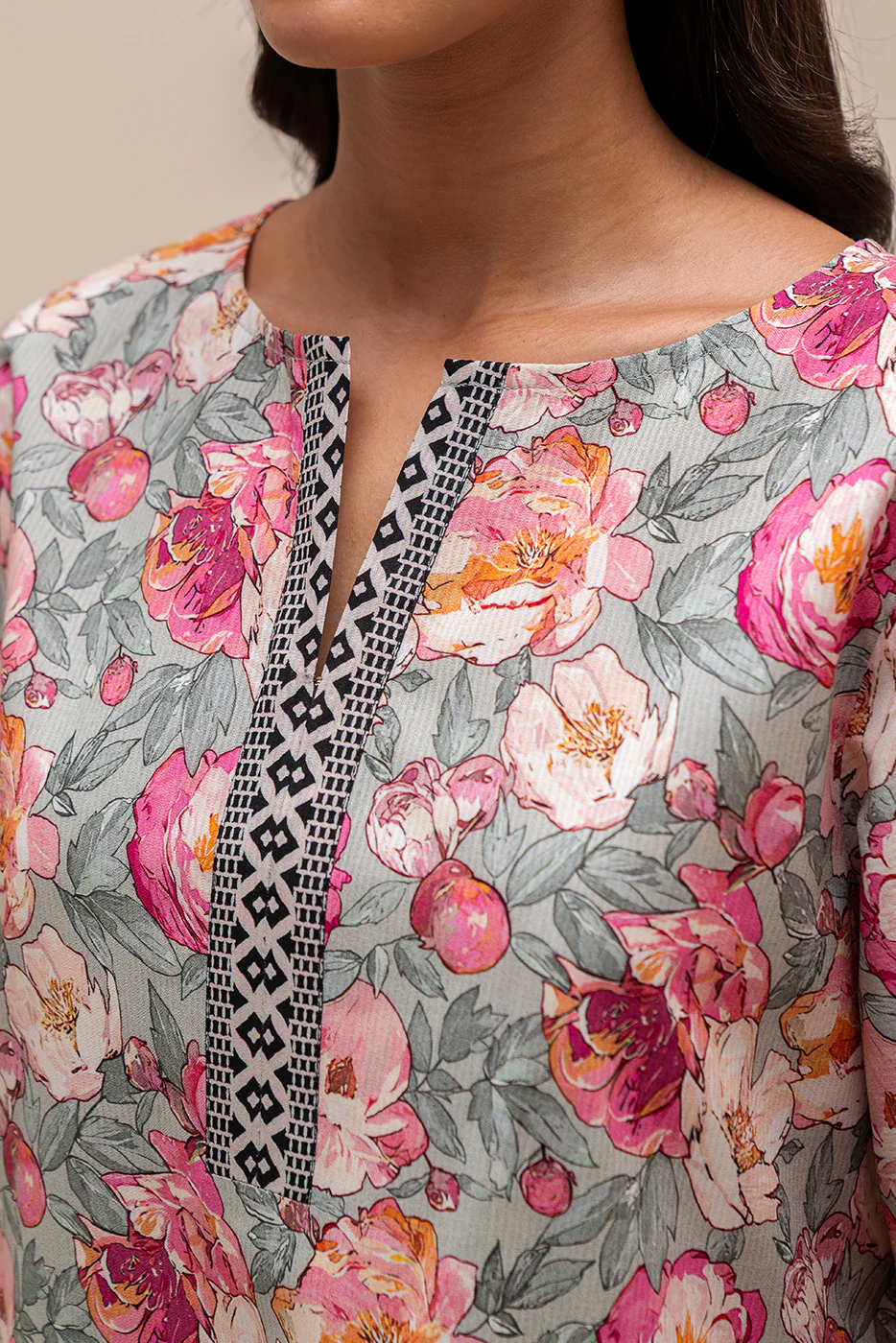 2 PIECE PRINTED LINEN SUIT-AQUA ROSE (UNSTITCHED) - Image 4