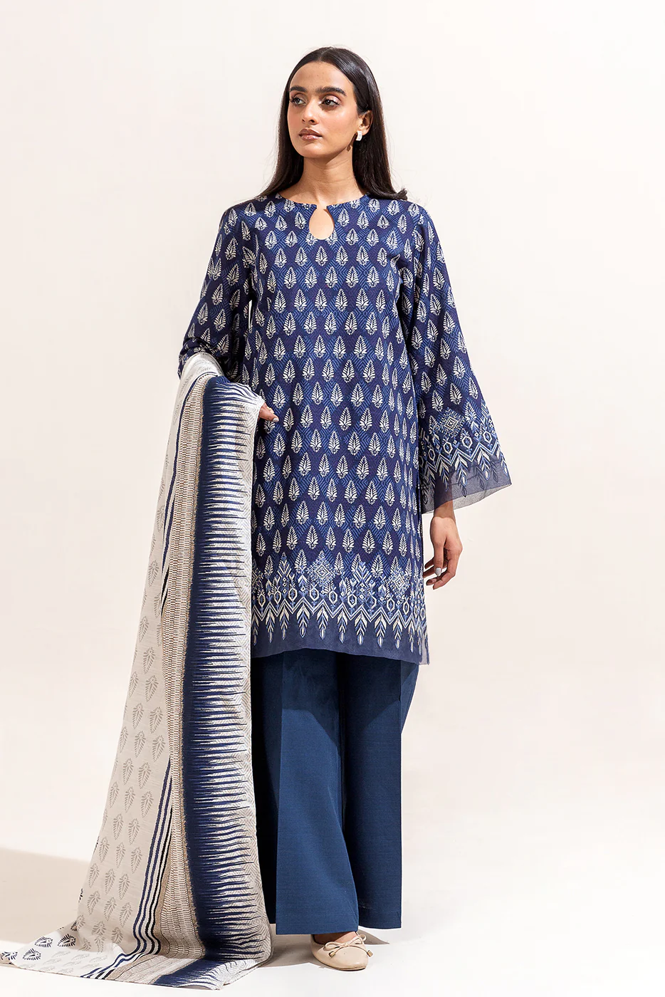 3 PIECE EMBROIDERED KHADDAR SUIT-IKAT BLUE (UNSTITCHED) - Image 5