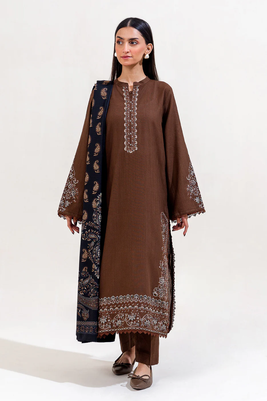 3 PIECE EMBROIDERED KHADDAR SUIT-MOCHA TRIBE (UNSTITCHED) - Image 2
