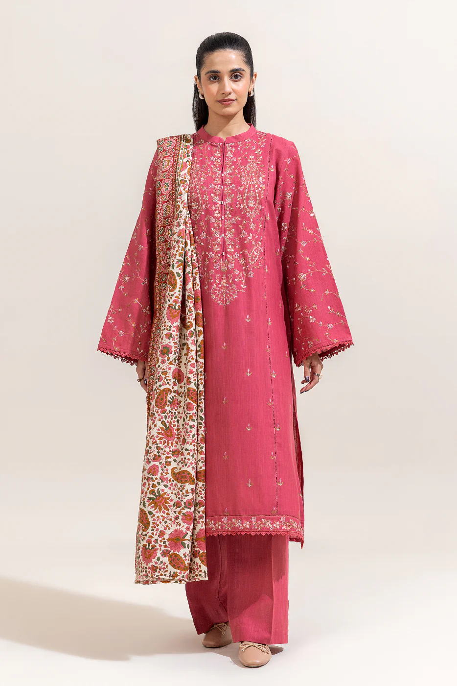 3 PIECE EMBROIDERED KHADDAR SUIT-SALMON BLISS (UNSTITCHED) - Image 2