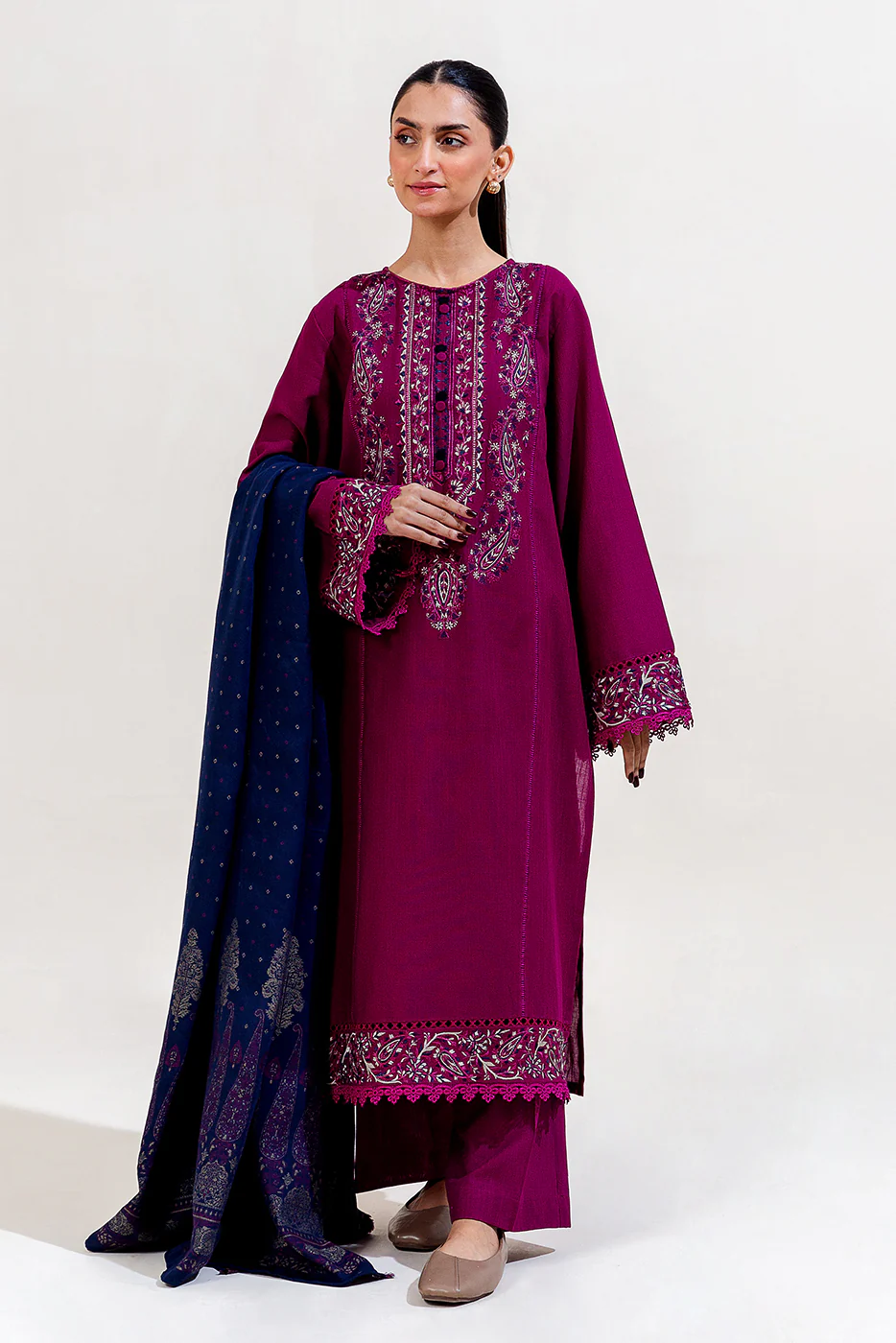 3 PIECE EMBROIDERED KHADDAR SUIT-MULBERRY ORCHID (UNSTITCHED) - Image 3