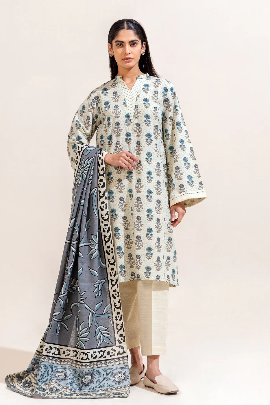 3 PIECE PRINTED KHADDAR SUIT-DOVE GREY (UNSTITCHED) - Image 4
