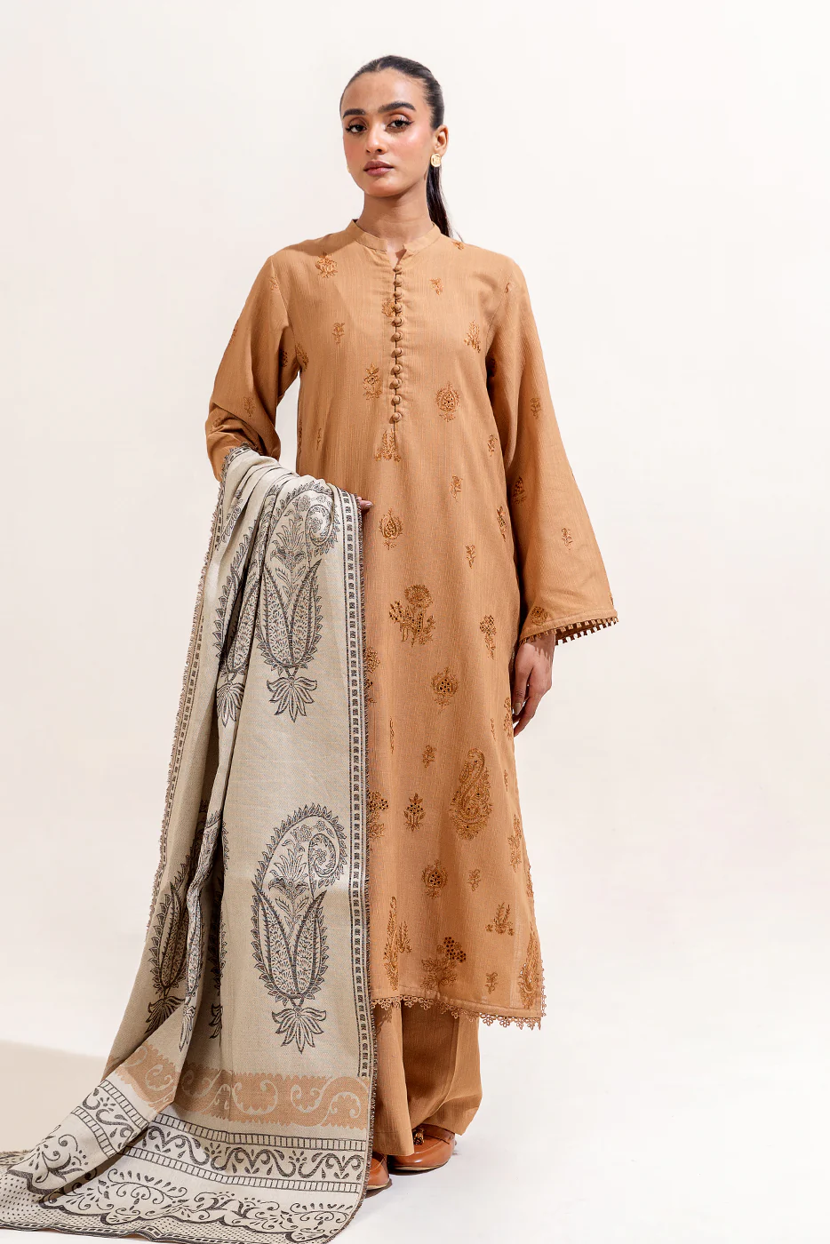 3 PIECE EMBROIDERED KHADDAR SUIT-LINEN BLONDE (UNSTITCHED) - Image 2