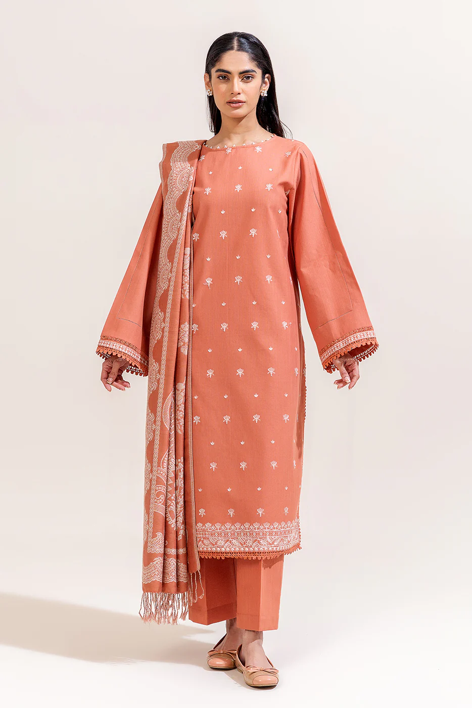 3 PIECE EMBROIDERED KHADDAR SUIT-PINK FLORA (UNSTITCHED) - Image 2
