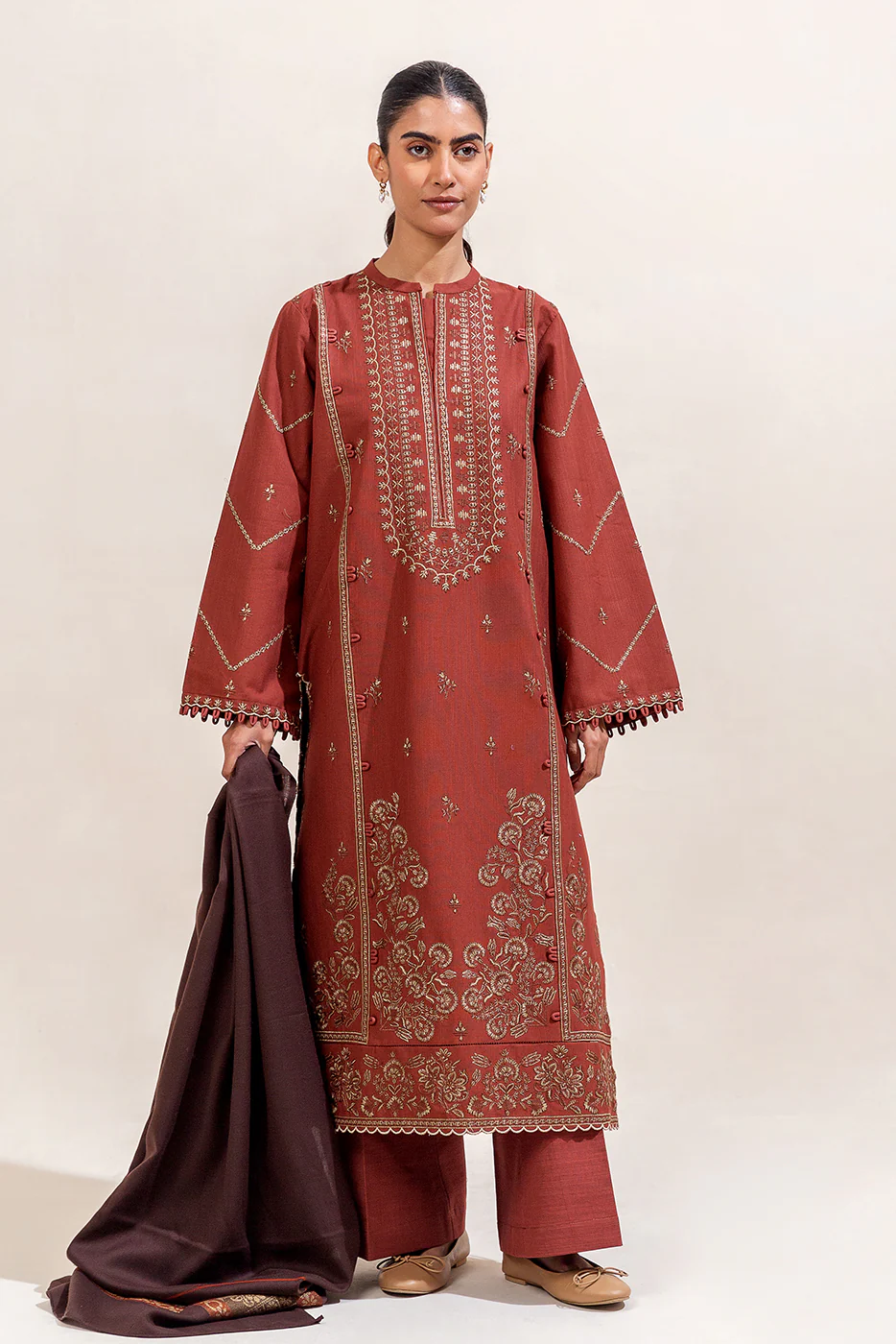 3 PIECE EMBROIDERED KHADDAR SUIT-RUST FOSSIL (UNSTITCHED) - Image 3