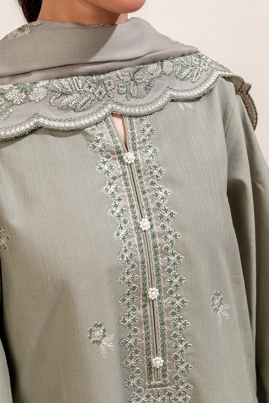 3 PIECE EMBROIDERED KHADDAR SUIT-OLIVE DESIRE (UNSTITCHED) - Image 5