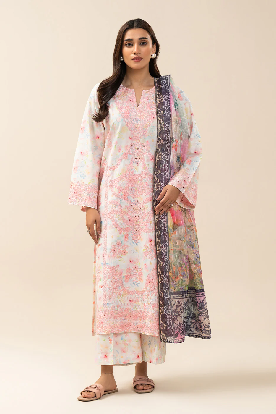 2 PIECE EMBROIDERED COTTON VISCOSE SUIT (PRET) - Image 2