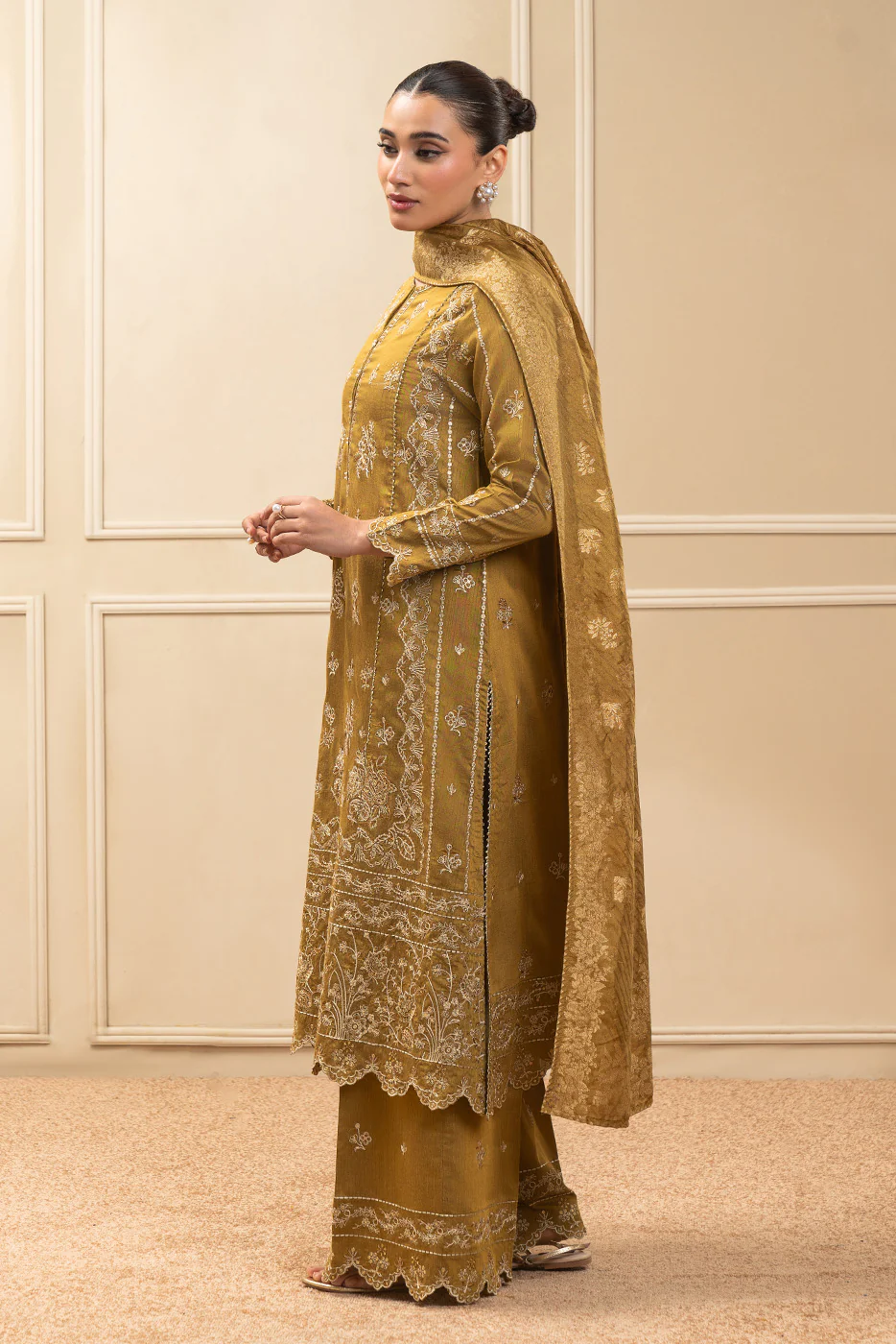 3 PIECE EMBROIDERED COTTON  RAW SILK SUIT-MUSTARD MEADOW (UNSTITCHED) - Image 2