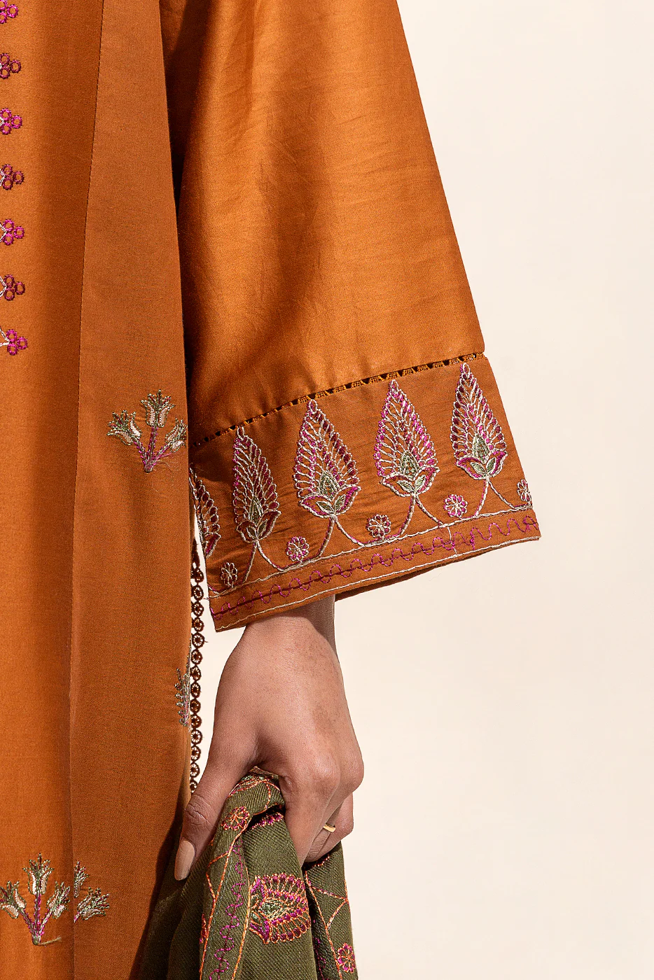 3 PIECE - EMBROIDERED COTTON SATIN SUIT WITH EMBROIDERED SHAWL - BASIL DUST (UNSTITCHED) - Image 7