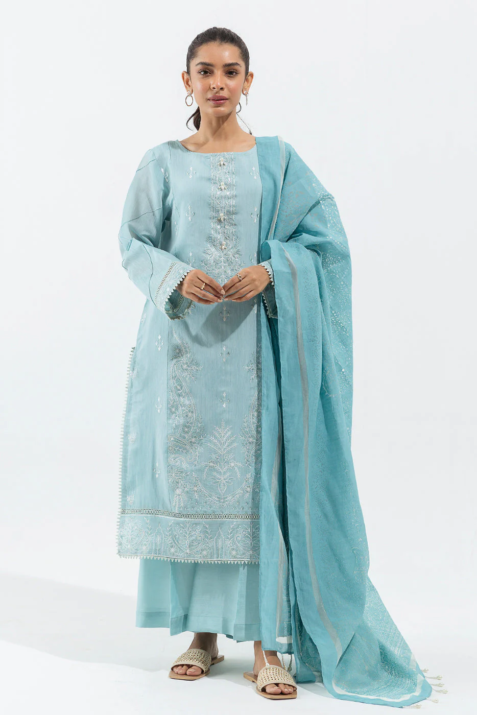 DEWY BLUE-EMBROIDERED-4P-PAPER COTTON(UNSTITCHED)