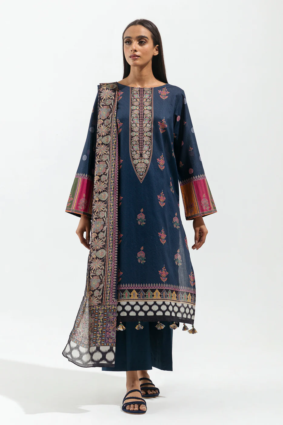 3 PIECE - PRINTED LAWN SUIT - NAVY VERVE