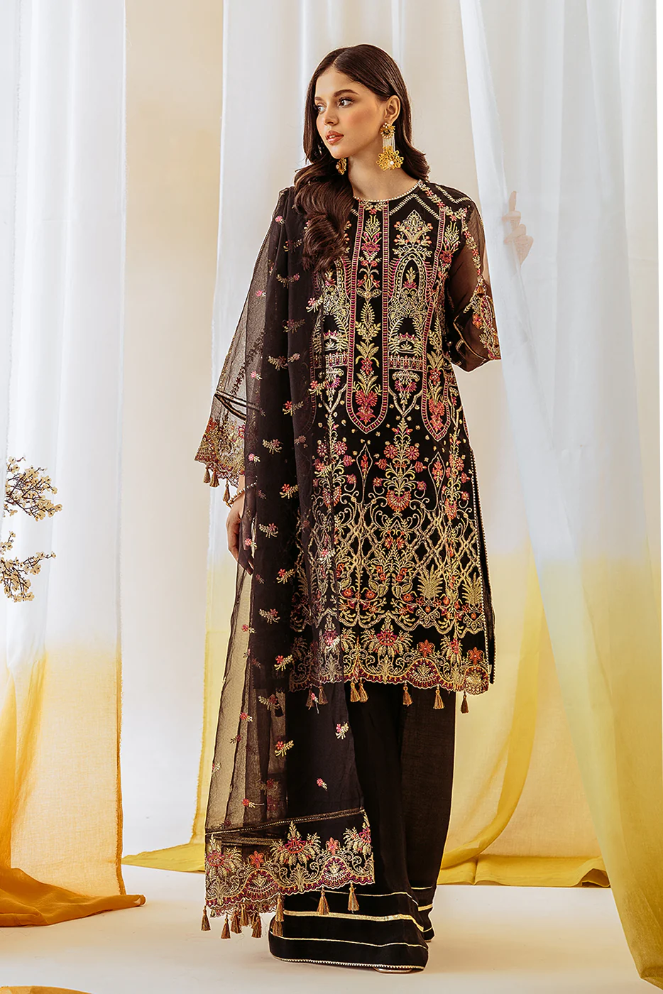 4 PIECE EMBROIDERED ORGANZA NET SUIT-NOIR ELEGANCE (UNSTITCHED) - Image 2