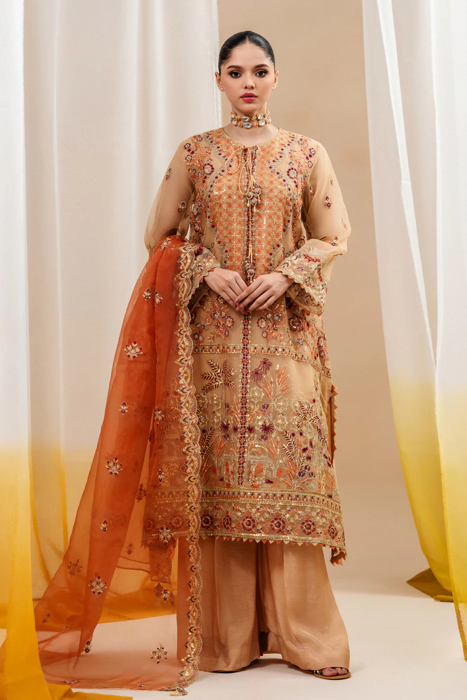 4 PIECE EMBROIDERED ORGANZA SUIT-SAFFRON BLOSSOM (UNSTITCHED) - Image 2