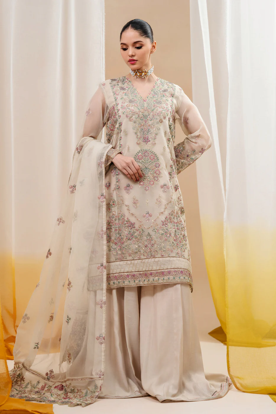 4 PIECE EMBROIDERED ORGANZA SUIT-SUMMER DEW (UNSTITCHED) - Image 2