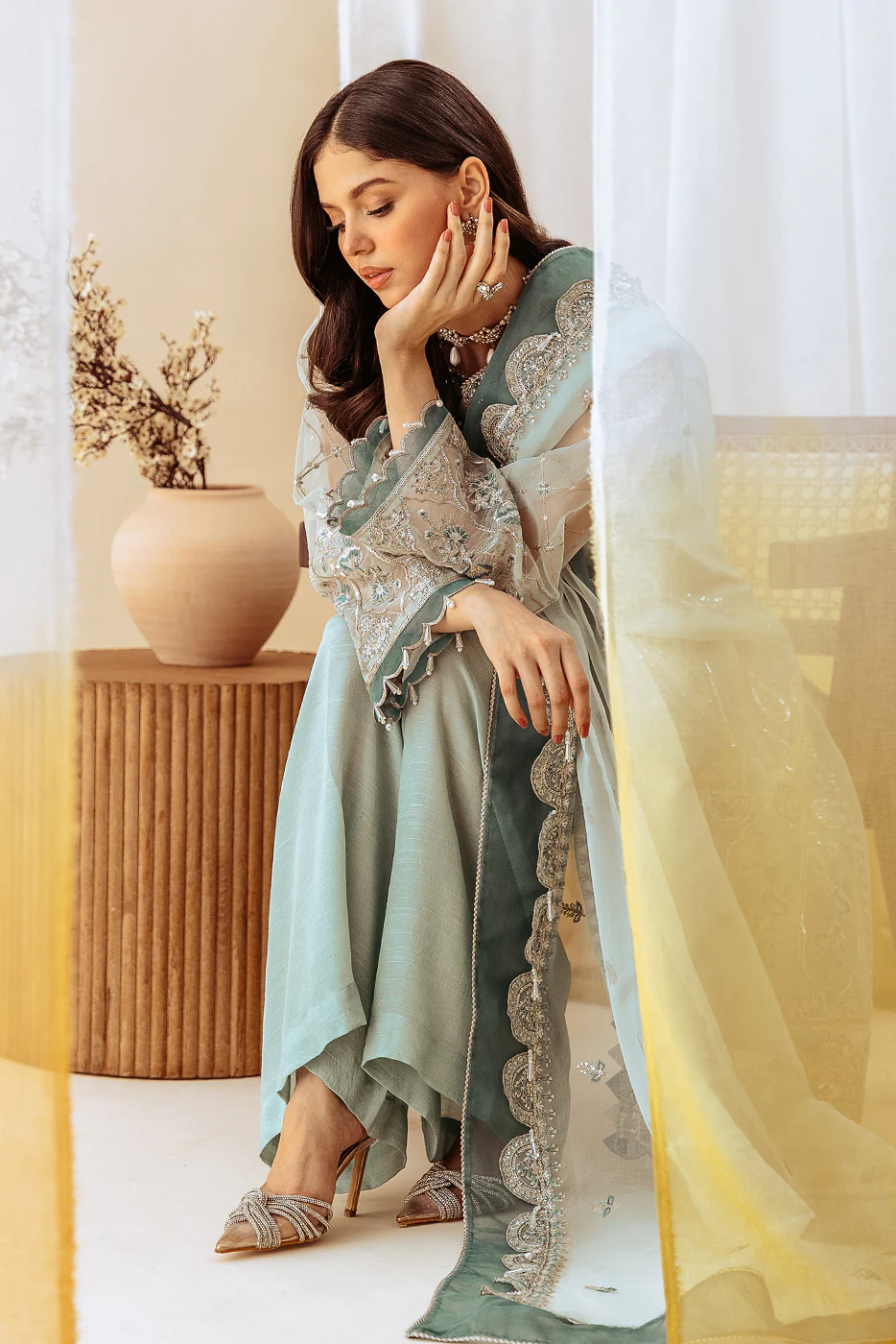 4 PIECE EMBROIDERED ORGANZA SUIT-MINT SPRING (UNSTITCHED) - Image 2