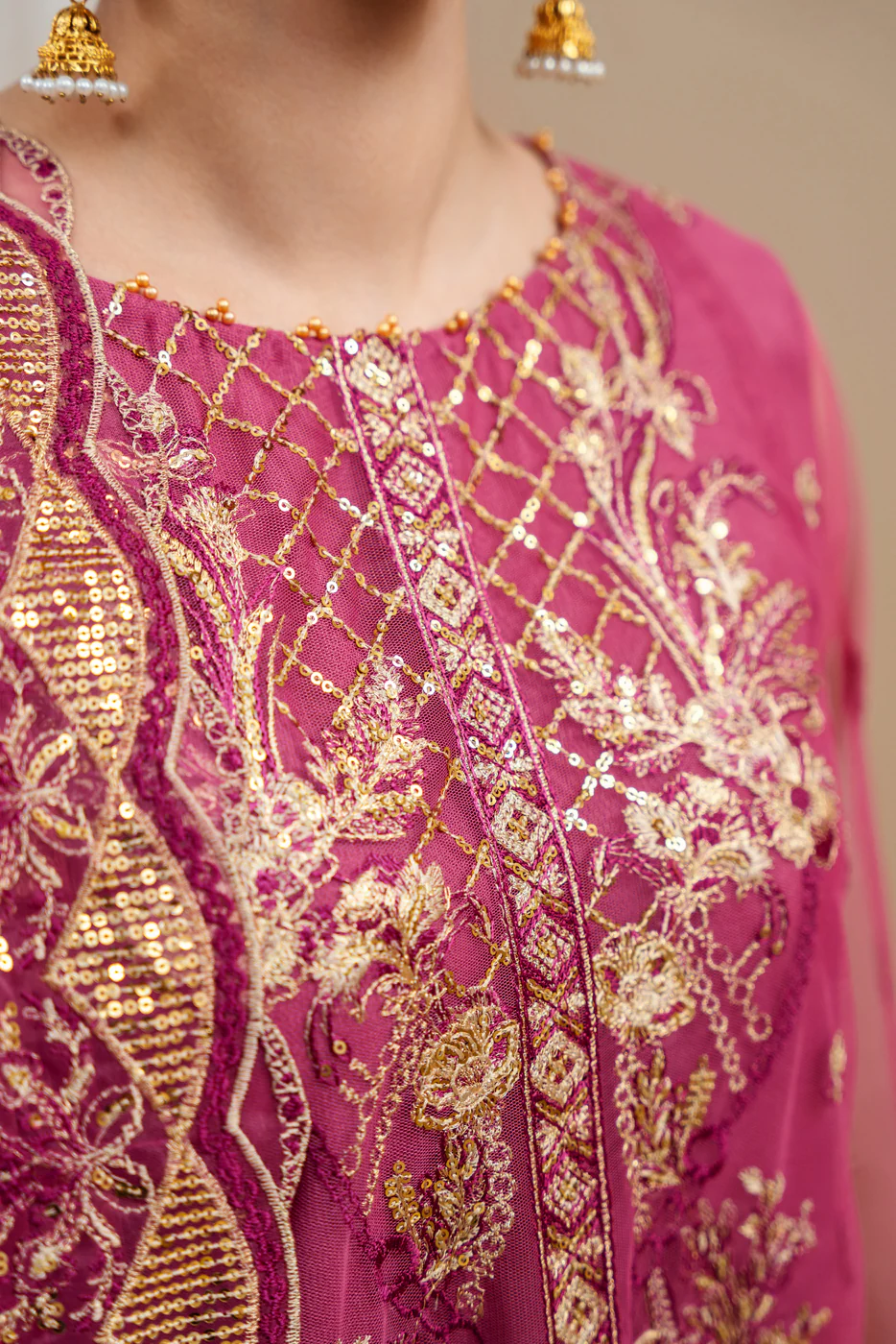 4 PIECE EMBROIDERED ORGANZA NET SUIT-FUCHSIA FANTASY (UNSTITCHED) - Image 5