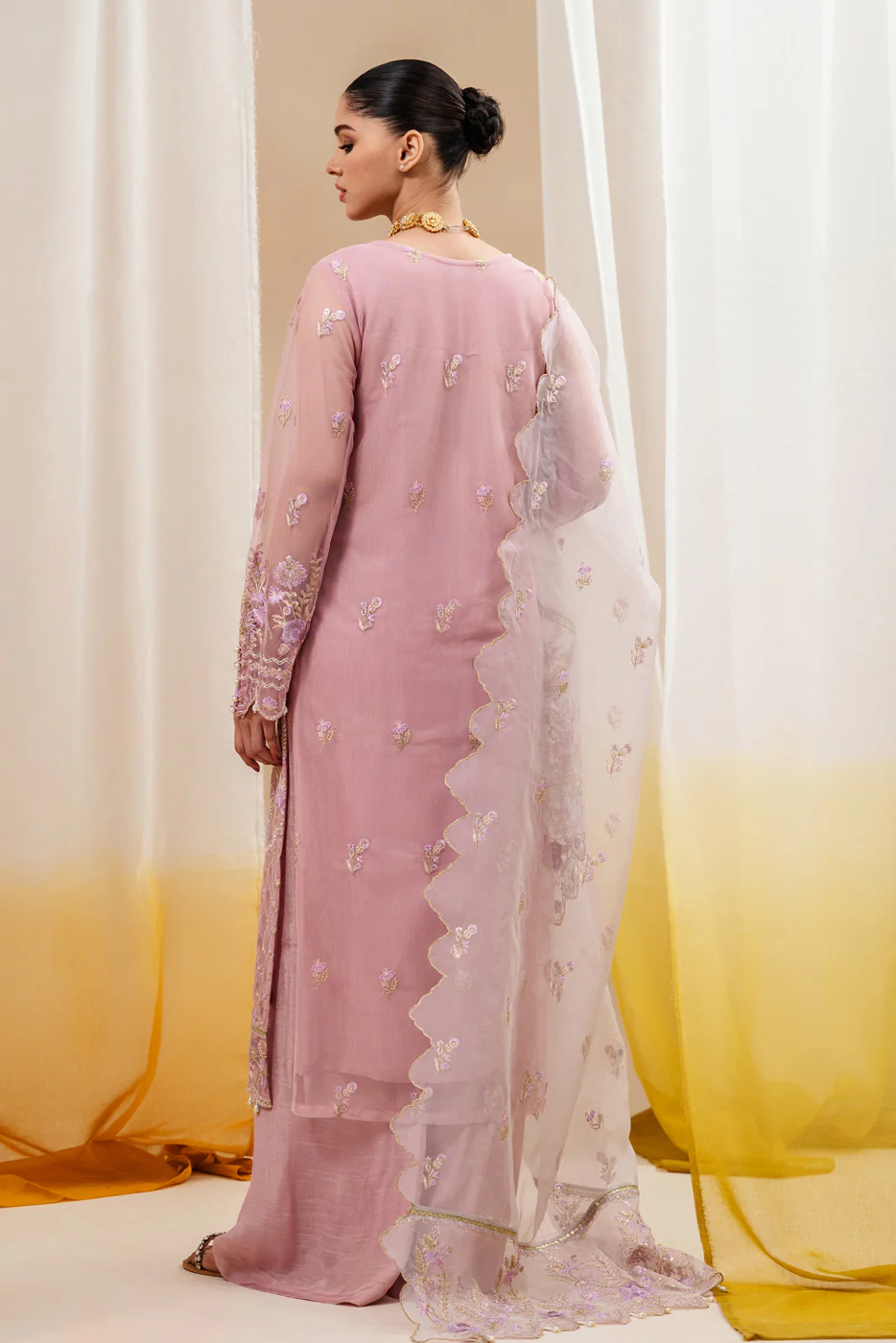 4 PIECE EMBROIDERED ORGANZA NET SUIT-PINK AURA (UNSTITCHED) - Image 3
