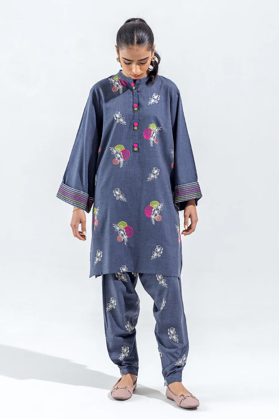 2 PIECE EMBROIDERED CHAMBRAY SUIT (PRET) - Image 2