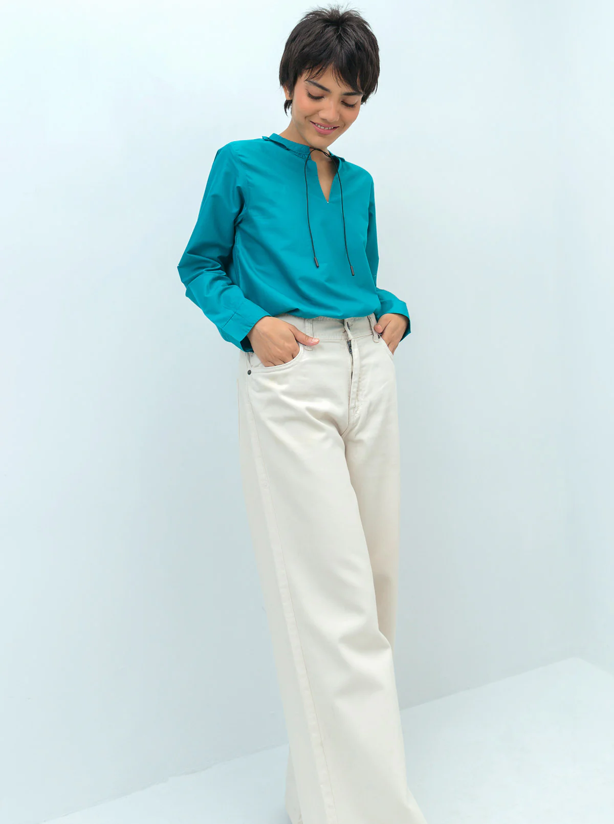 BRIGHT TEAL FRILL NECKLINE TOP - Image 3