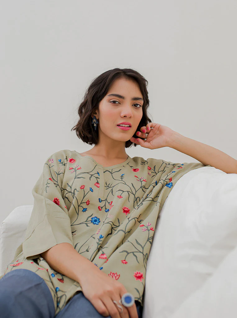 DULL OLIVE FLORAL EMBROIDERY BOXY TOP - Image 2