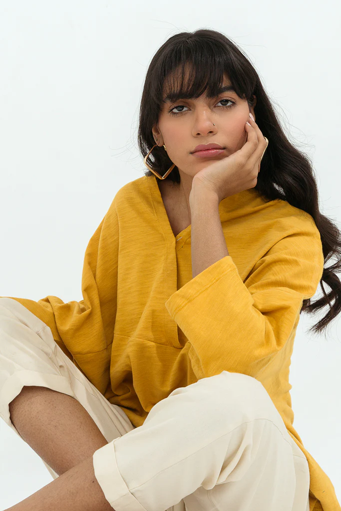 Mustard Slub Jersey Overlaped Top - Image 2