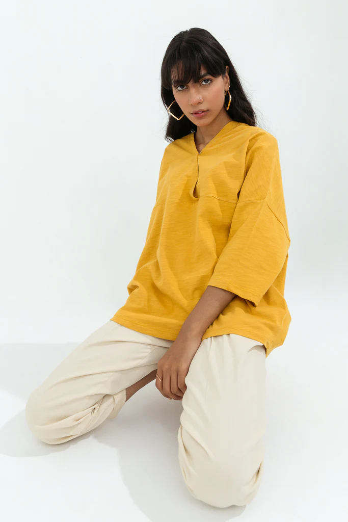 Mustard Slub Jersey Overlaped Top - Image 3