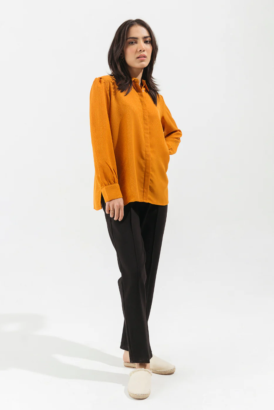 MUSTARD SATIN BUTTON DOWN TOP - Image 2