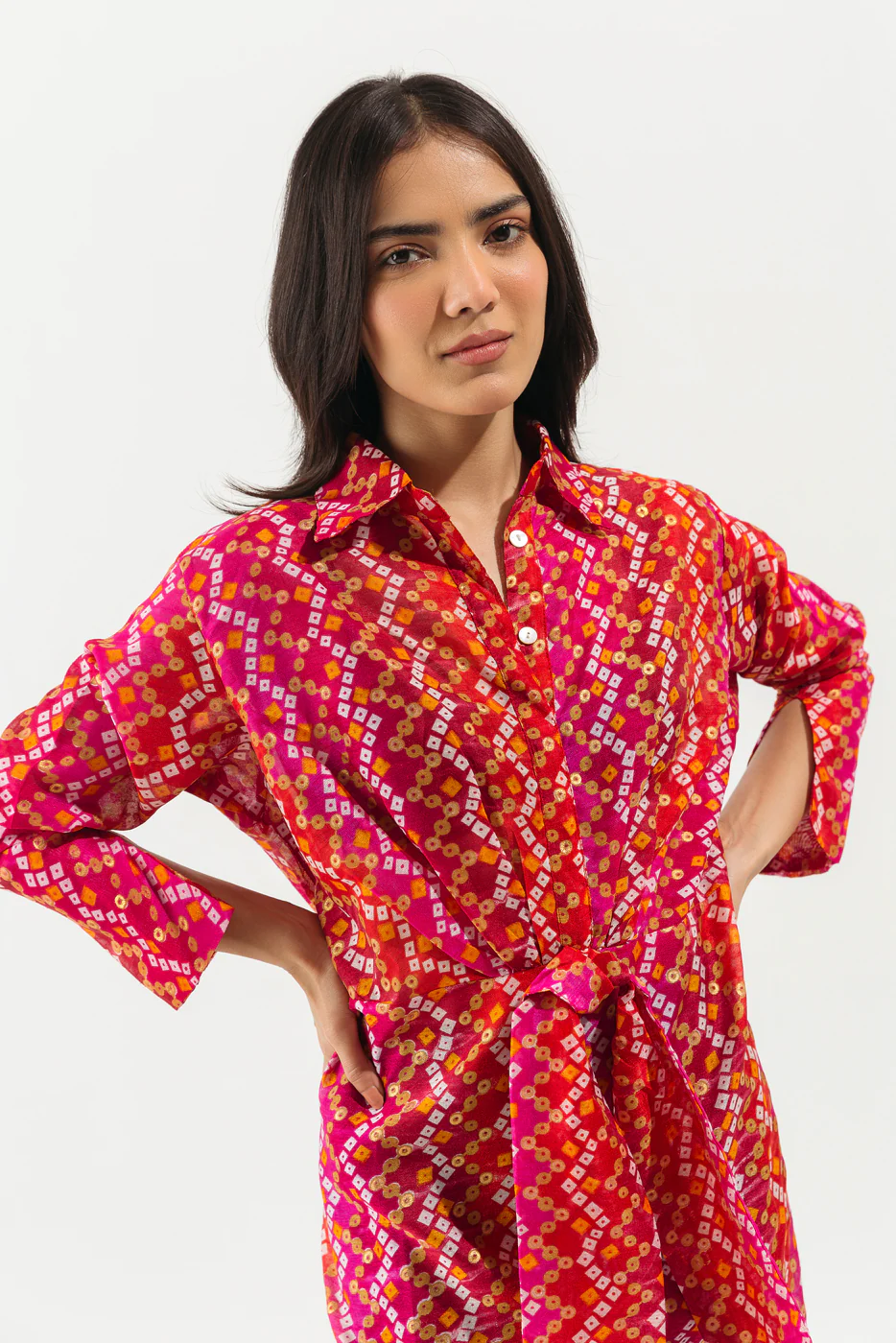 PINK CHUNRI PRINT KNOTTED LONG DRESS - Image 4
