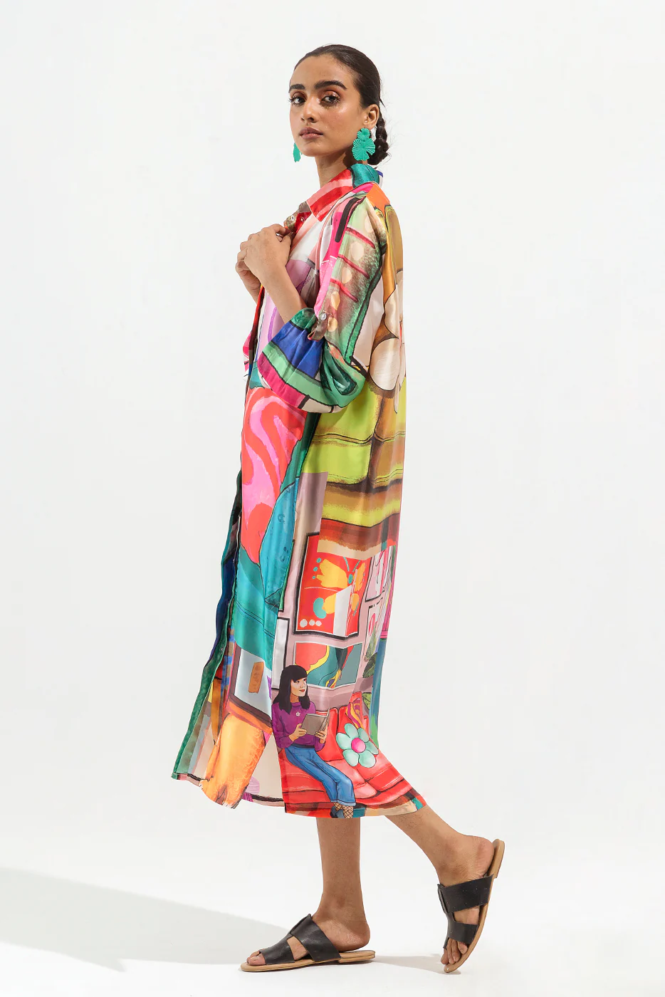 PRINTED SILK BUTTON DOWN LONG DRESS - Image 4