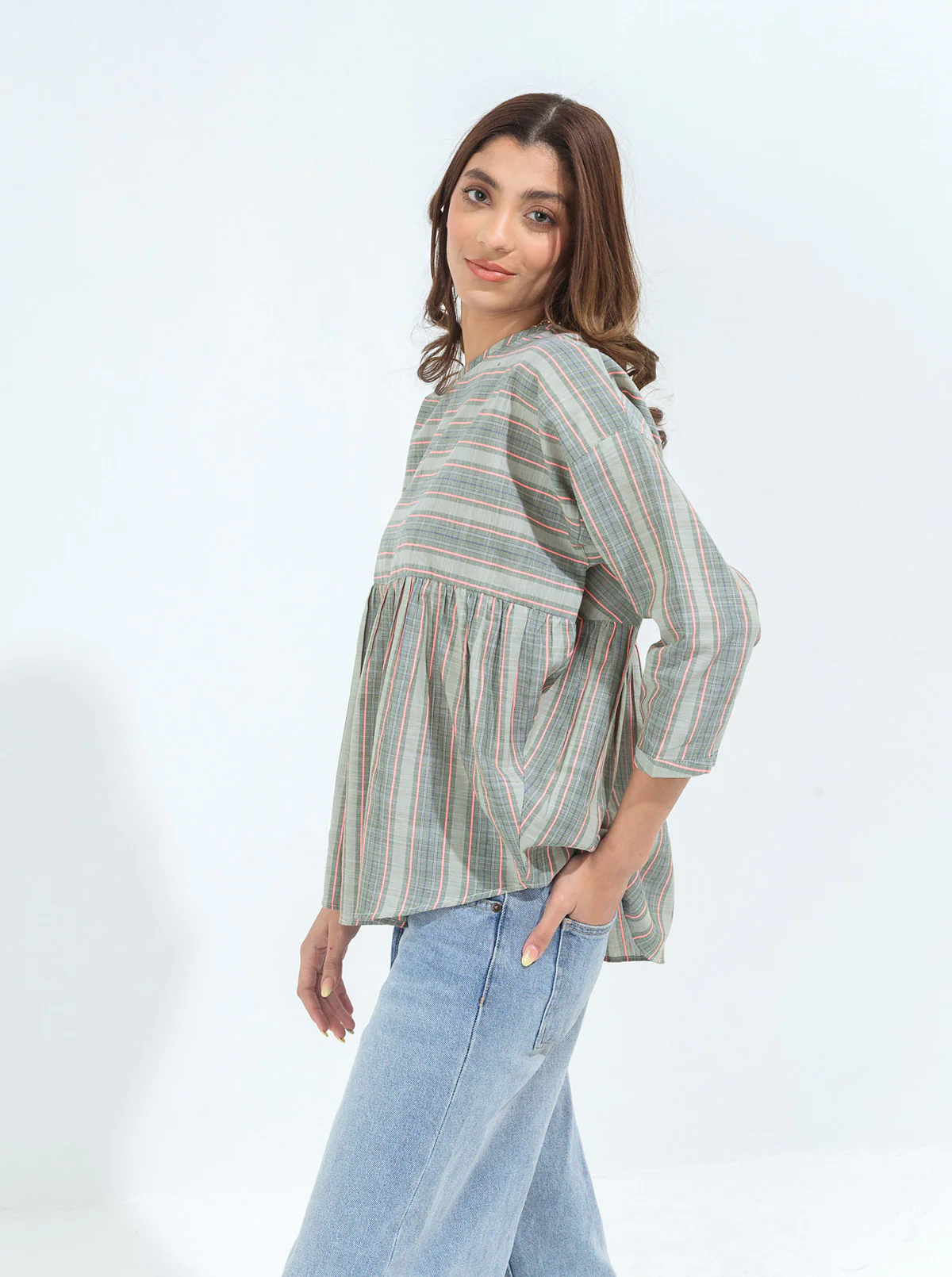 GREEN STRIPED PEPLUM TOP - Image 2