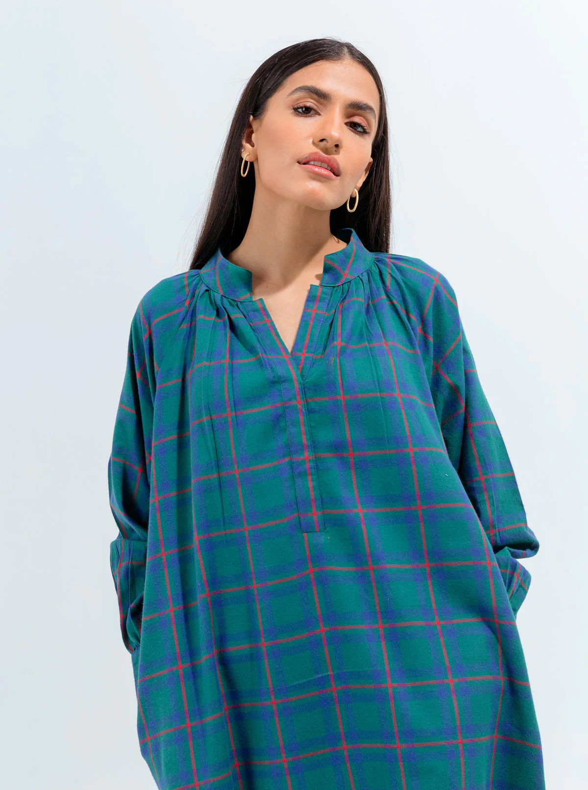 GREEN CHECK FLANNEL LONG DRESS - Image 3