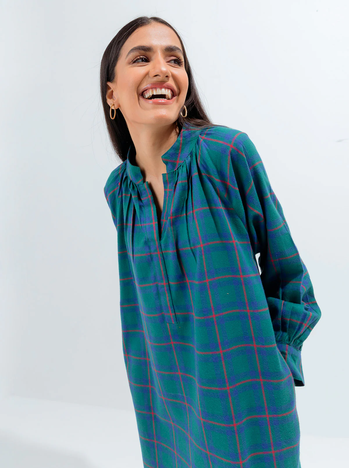 GREEN CHECK FLANNEL LONG DRESS - Image 4