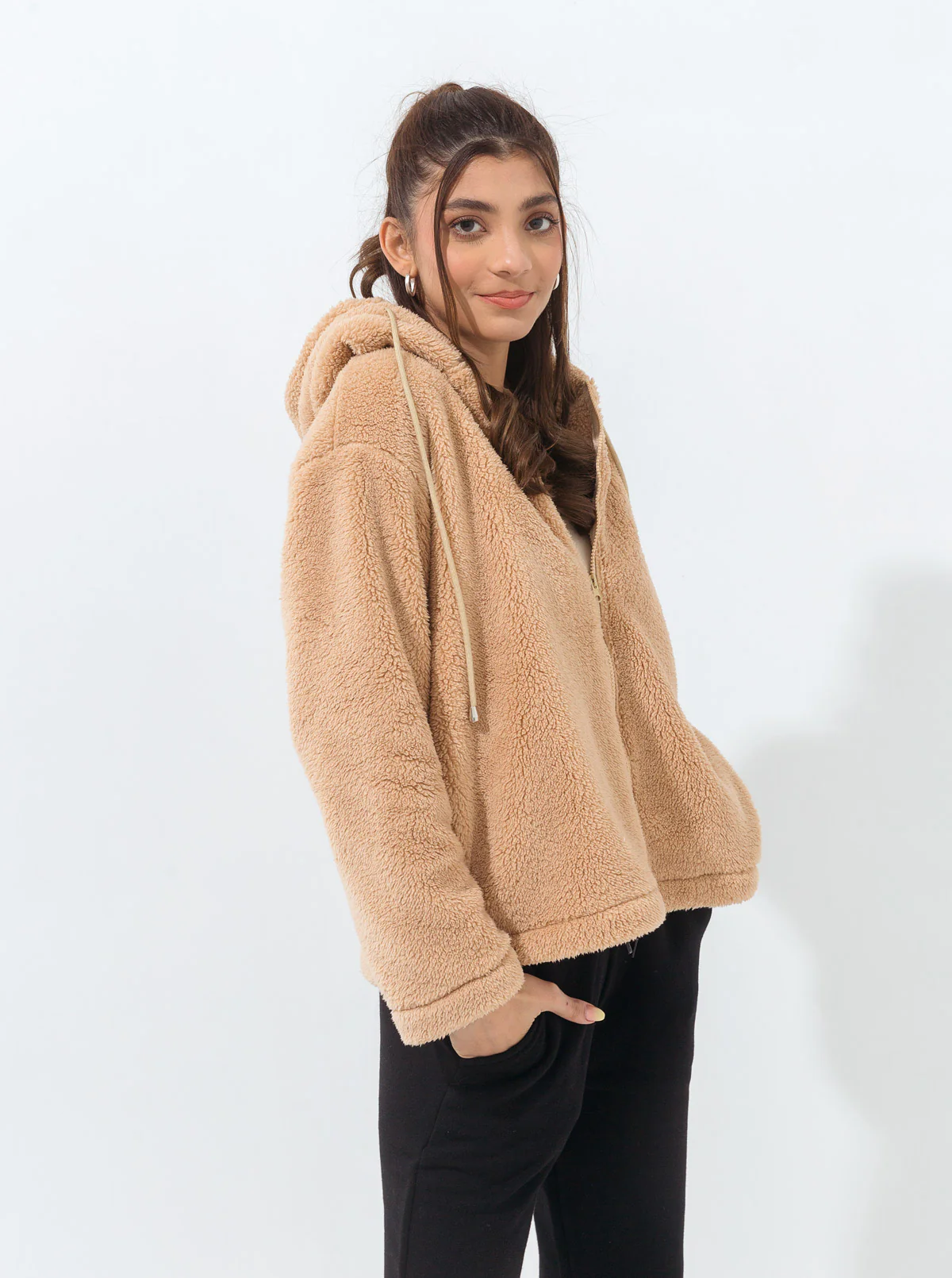 LIGHT BROWN SHERPA FLEECE HOODIE - Image 2