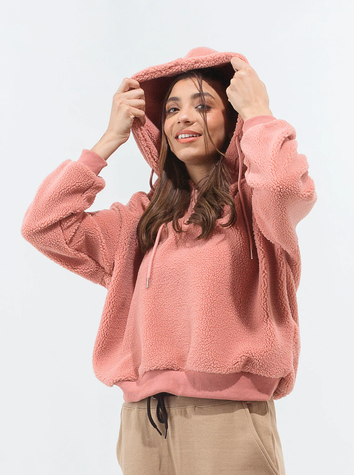 CORAL HOODED TEDDY FLEECE SWEATSHIRT - Image 2