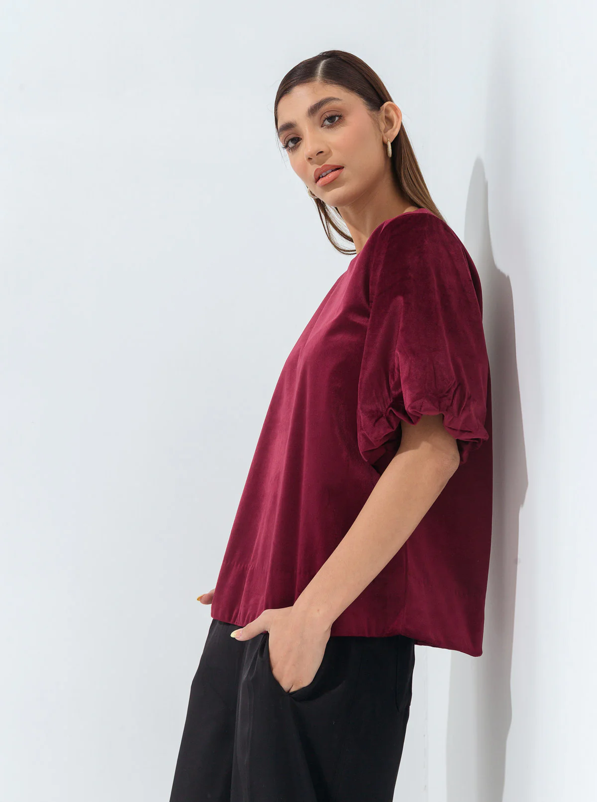 MAROON PUFFED SLEEVES VELOUR TOP - Image 2
