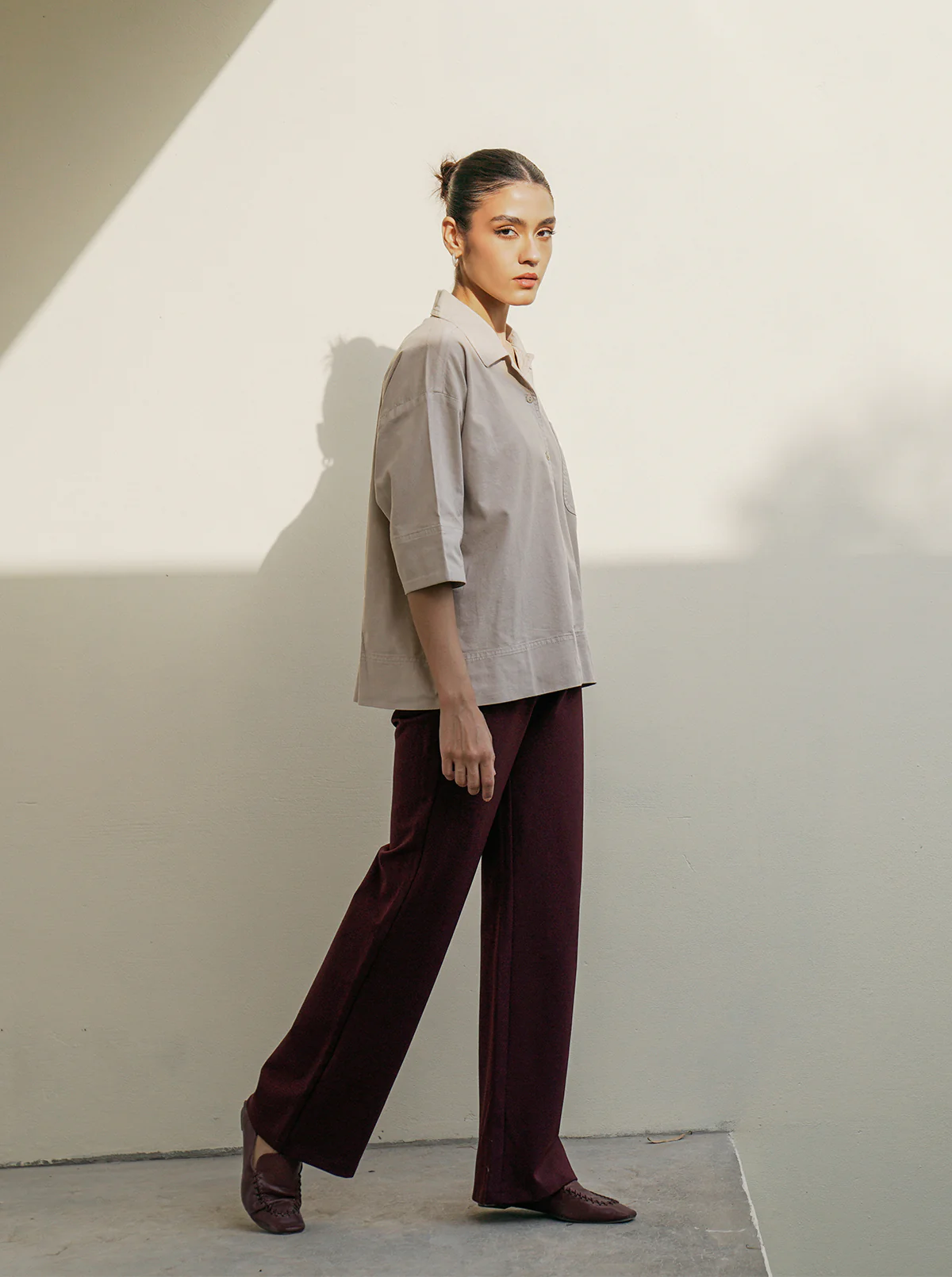 BEIGE DENIM BUTTON DOWN SHIRT - Image 2