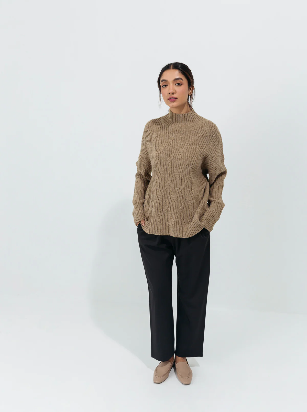 DULL OLIVE DOUBLE PATTERN KNIT PULLOVER - Image 2