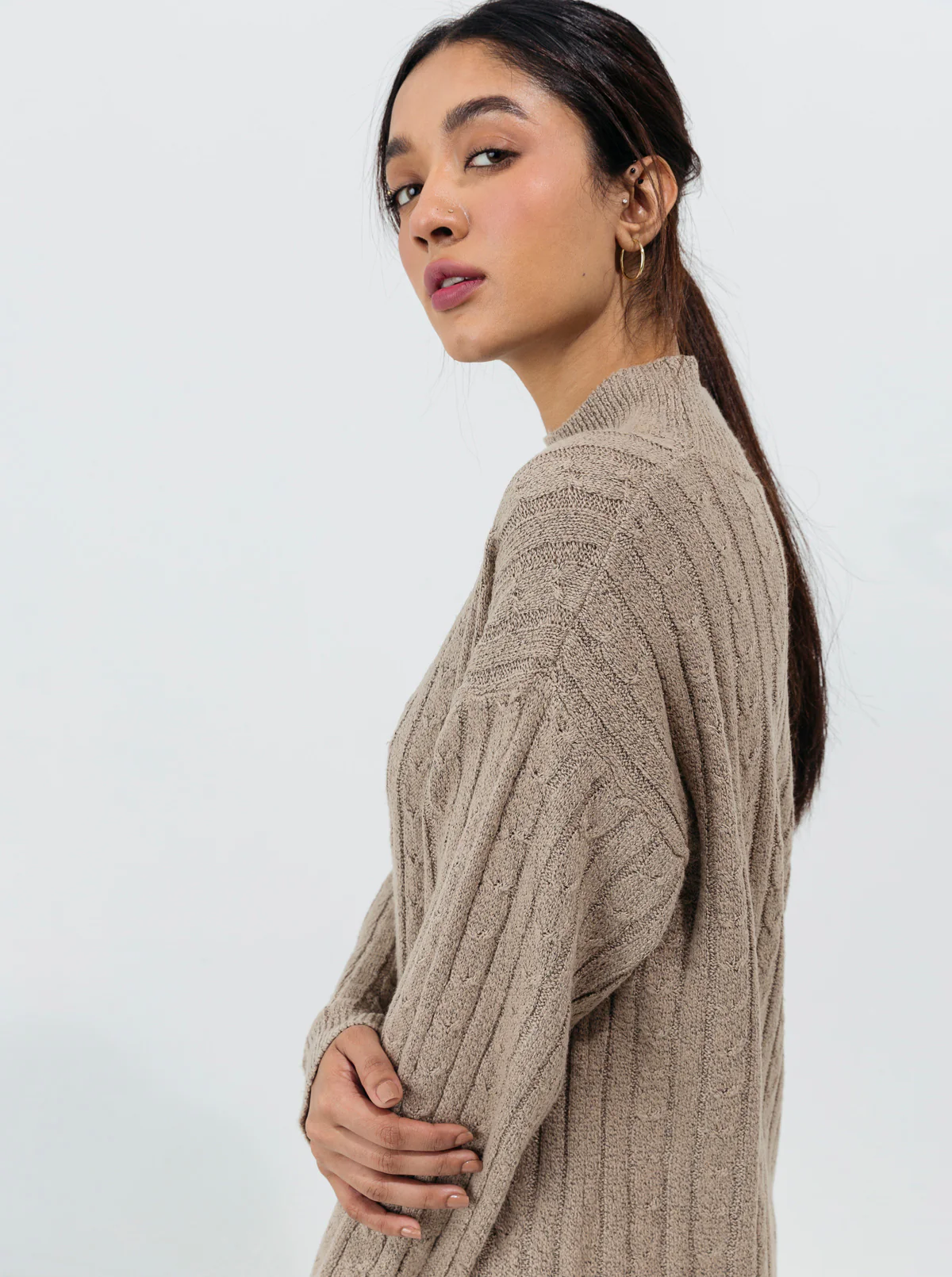 BEIGE CABLE KNIT LONG PULLOVER - Image 2