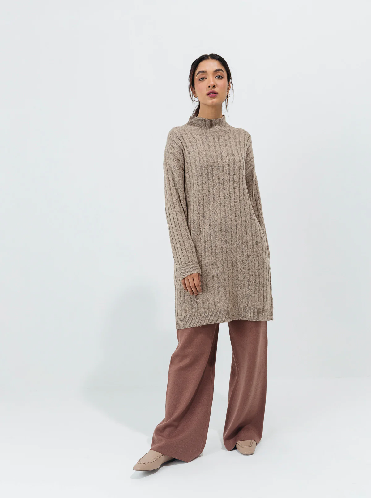 BEIGE CABLE KNIT LONG PULLOVER - Image 3