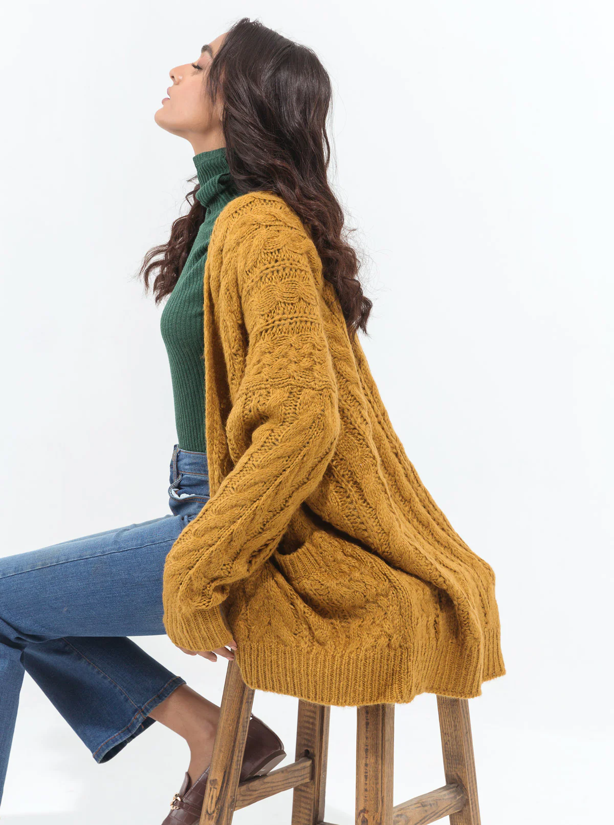 MUSTARD CABLE KNIT POCKET SHRUG - Image 2