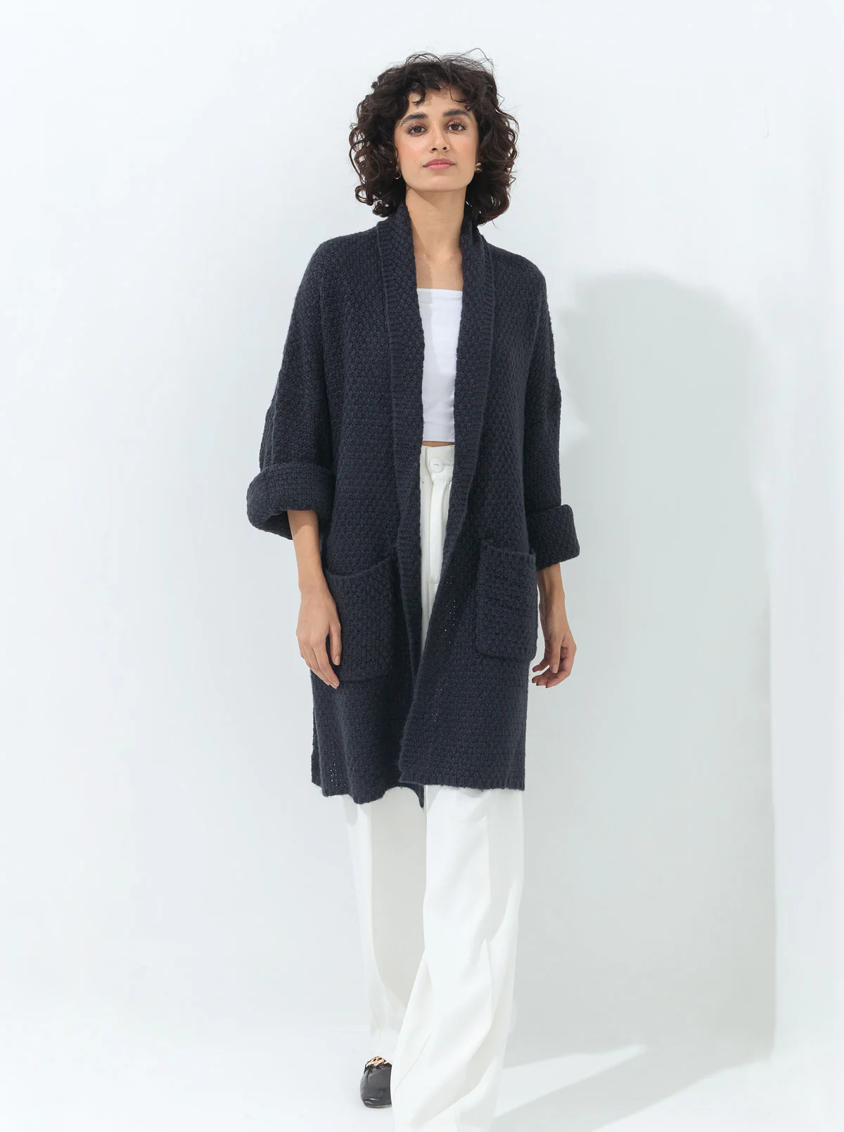 DARK BLUE LAPEL TEXTURED KNIT SHRUG - Image 3