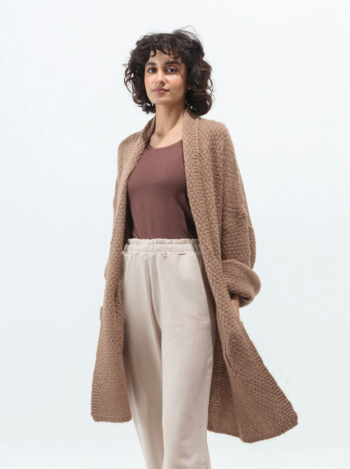 DARK BEIGE  LAPEL TEXTURED KNIT SHRUG - Image 3
