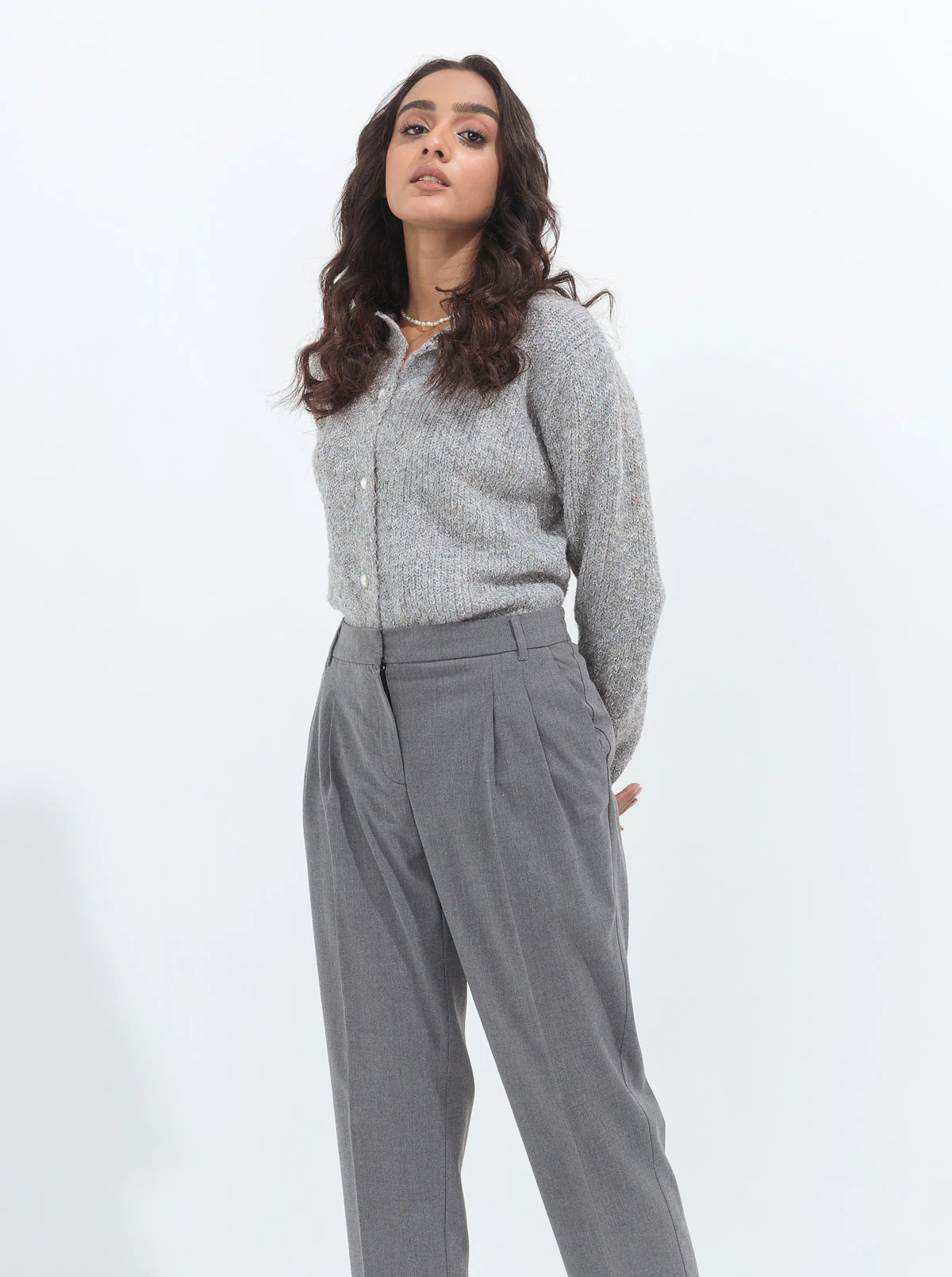 LIGHT HEATHER GRAY PEARL BUTTON CARDIGAN - Image 3