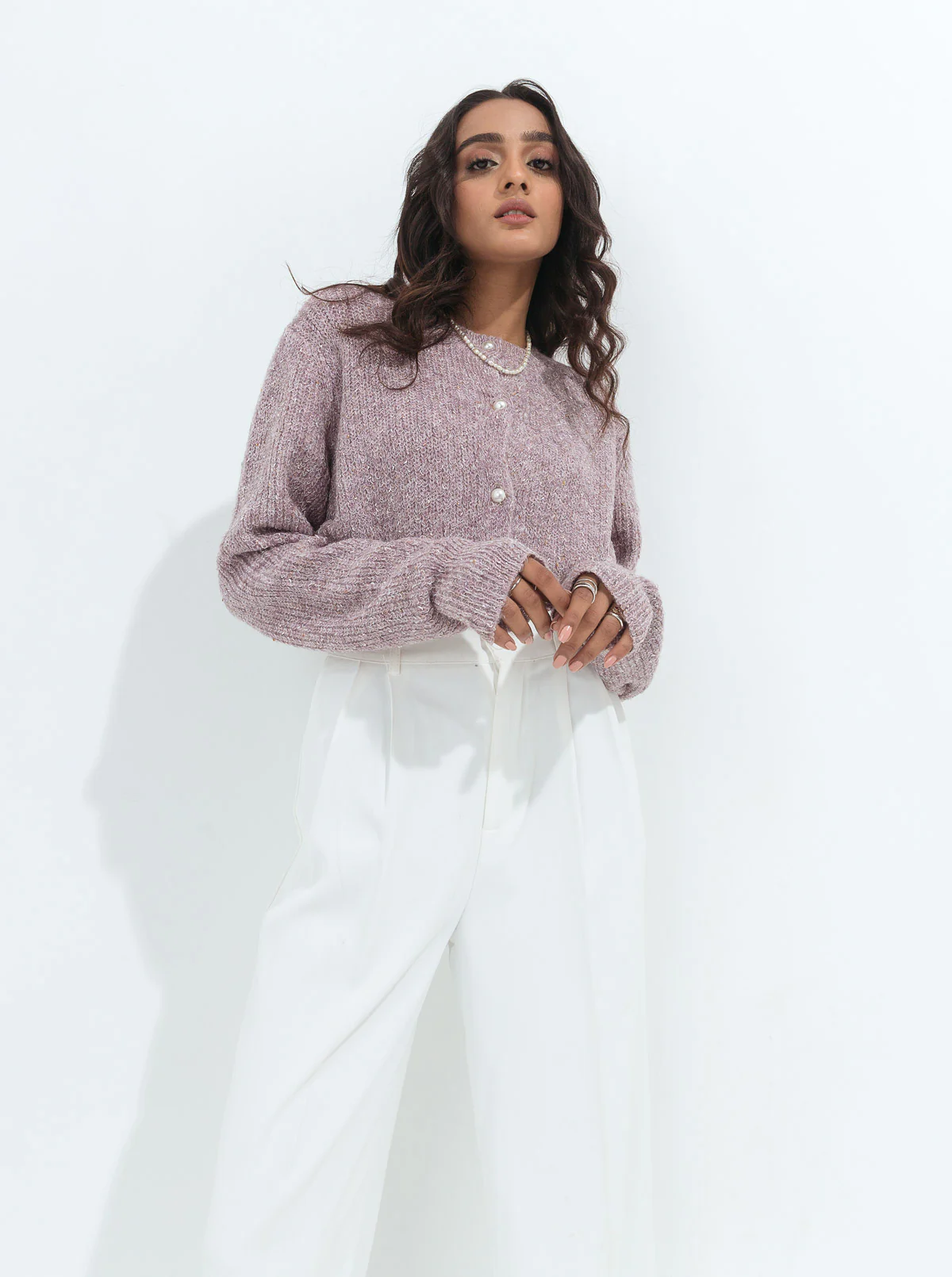 LILAC HEATHER PEARL BUTTON CARDIGAN - Image 3