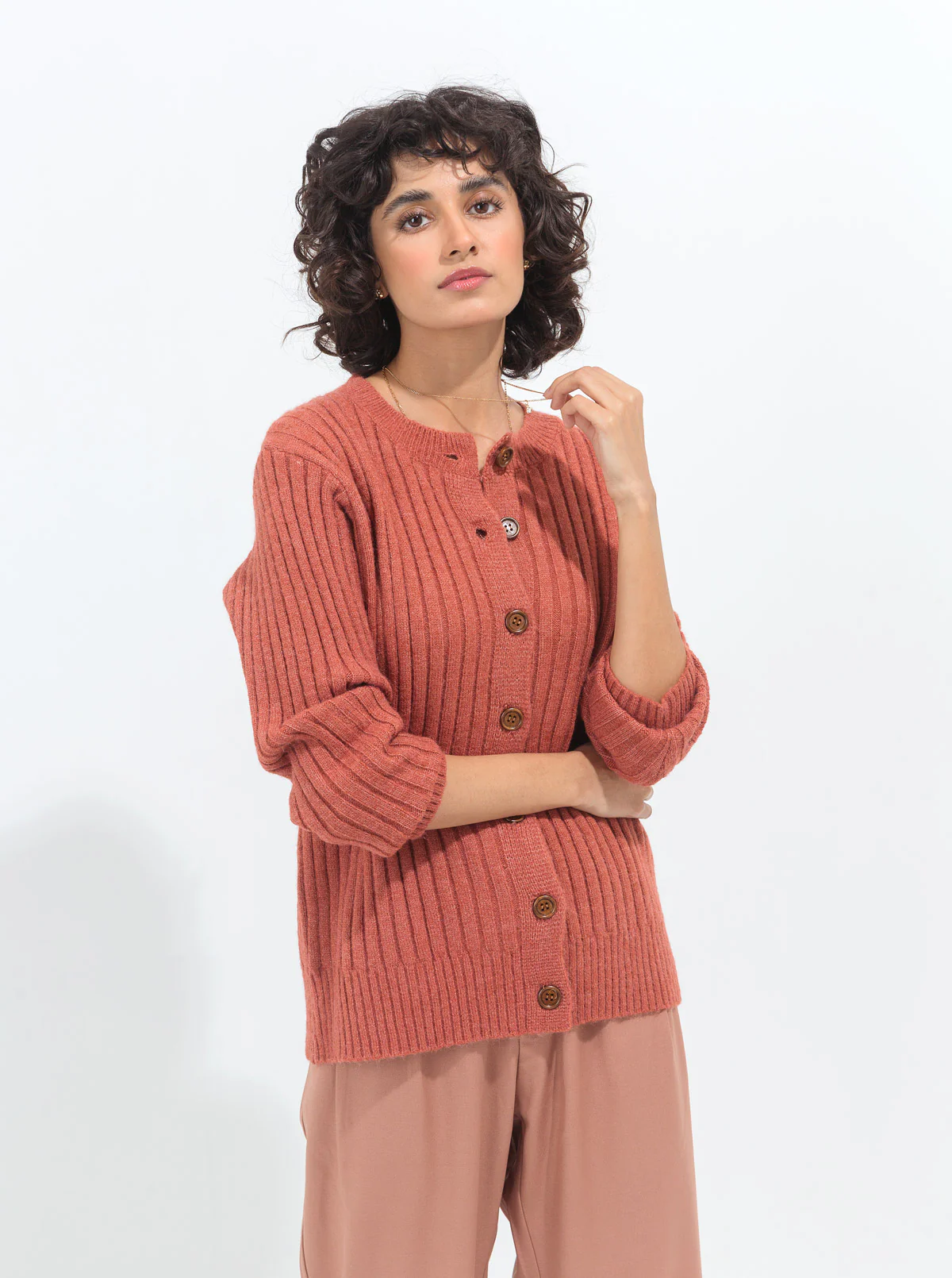DARK CORAL RIBBED CARDIGAN - Image 2